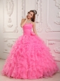Romantic Rose Pink Quinceanera Dress Sweetheart Organza Beading Ball Gown