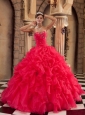 Sexy Coral Red Quinceanera Dress Sweetheart Ruffles Organza Ball Gown