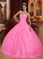Wonderful Rose Pink Quinceanera Dress Strapless Tulle Beading Ball Gown