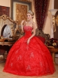 Discount Red Quinceanera Dress Strapless Organza Appliques Ball Gown