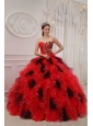 Beautiful Red and Black Quinceanera Dress Sweetheart Organza Beading and Ruch Ball Gown