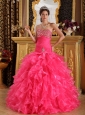 Hot Pink Exclusive Quinceanera Dress Sweetheart Organza Beading Ball Gown
