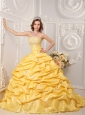 Brand New Yellow Quinceanera Dress Strapless Court Train Taffeta Appliques and Beading Ball Gown