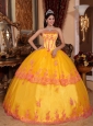 Classical Yellow Quinceanera Dress Strapless Organza Lace Appliques Ball Gown