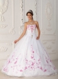 Cute White Quinceanera Dress Strapless Satin and Organza Embroidery Ball Gown