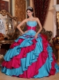 Discount Aqua Blue and Red Quinceanera Dress Strapless Taffeta Embroidery Ball Gown