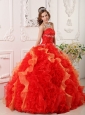 Discount Red Quinceanera Dress Sweetheart Organza Appliques and Beading Ball Gown