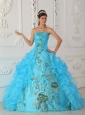 Exquisite Aqua Blue Quinceanera Dress Strapless Embroidery Ball Gown