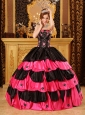 Inexpensive Black and Hot Pink Quinceanera Dress Strapless Taffeta Beading Ball Gown