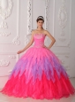 Lovely Hot Pink Quinceanera Dress Sweetheart Organza Beading and Ruch Ball Gown