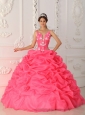 Lovely Watermelon Quinceanera Dress Straps Satin and Organza Appliques Ball Gown