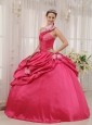 Modern Coral Red Quinceanera Dress One Shoulder Taffeta Beading Pick-ups Ball Gown
