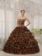 Modest Brown Quinceanera Dress Sweetheart Taffeta and Zebra or Leopard Ruffles Ball Gown