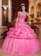 Modest Rose Pink Quinceanera Dress Sweetheart Taffeta Beading Ball Gown
