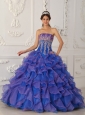 Pretty Royal Blue and Purple Quinceanera Dress Strapless Organza Beading and Appliques Ball Gown