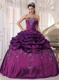 Pretty Eggplant Purple Quinceanera Dress Strapless Taffeta Embroidery With Beading Ball Gown