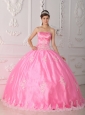 Pretty Pink Quinceanera Dress Strapless Lace Appliques Ball Gown