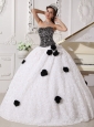 Remarkable White and Black Quinceanera Dress Strapless Special Fabric Sequins and Hand Made Flowers Ball Gown
