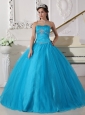 Romantic Teal Quinceanera Dress Strapless Tulle Beading and Ruch Ball Gown