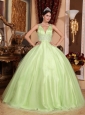 Simple Yellow Green Quinceanera Dress V-neck Tulle and Taffeta Beading Ball Gown