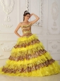 The Most Popular Yellow Quinceanera Dress Strapless Sweep /Brush Train Leopard and Organza Ruffles A-Line / Princess