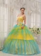 Brand New Yellow and Blue Quinceanera Dress Strapless Tulle Beading and Ruch Ball Gown