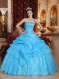 Chic Aqua Blue Quinceanera Dress Strapless Organza Beading Ball Gown