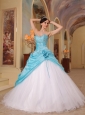 Discount Aqua Blue and White Sweet 16 Dress Sweetheart Beading Tulle and Taffeta A-Line / Princess