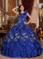 Exquisite Blue Quinceanera Dress V-neck Satin Beading and Appliques Ball Gown