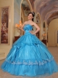 Formal Baby Blue Quinceanera Dress Strapless Bows Sequins and Organza Ball Gown