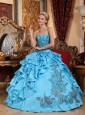 Gorgeous Aqua Blue Quinceanera Dress Strapless Taffeta Appliques Ball Gown