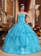 Aqua Blue Quinceanera Dress Strapless Organza Beading Ball Gown