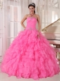 Inexpensive Rose Pink Quinceanera Dress Strapless Organza Beading Ball Gown