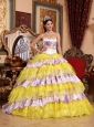Inexpensive Multi-color Quinceanera Dress Sweetheart Organza Beading and Ruffles Ball Gown