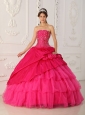 Lovely Hot Pink Quinceanera Dress Strapless Organza and Taffeta Beading Ball Gown
