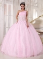 Luxurious Baby Pink Quinceanera Dress One Shoulder Organza Beading Ball Gown