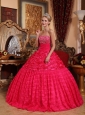 Luxurious Red Quinceanera Dress Strapless Fabric With Roling Flowers Beading A-line