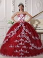 Modest Wine Red and White Quinceanera Dress Strapless  Organza Appliques Ball Gown