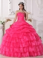 New Arrival Hot Pink Quinceanera Dress Strapless Organza Appliques Ball Gown
