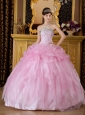 New Baby Pink Sweet 16 Dress Strapless Organza Beading Ball Gown