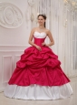 Popular Hot Pink and White Sweet 16 Dress Sweetheart Taffeta Beading and Pick-ups Ball Gown