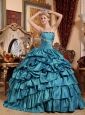 Popular Teal Quinceanera Dress  Strapless Taffeta Appliques and Pick-ups Ball Gown