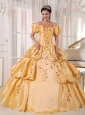 Popular Gold Quinceanera Dress Off The Shoulder Taffeta Embroidery Ball Gown
