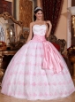Pretty Light Pink Quinceanera Dress Spaghetti Straps Organza Embroidery Ball Gown