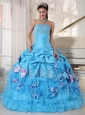 Romantic Aqua Quinceanera Dress Strapless Organza and Taffeta Appliques Ball Gown
