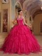 Romantic Hot Pink Quinceanera Dress Halter Organza Embroidery Ball Gown