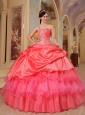 Sweet Coral Red Quinceanera Dress One Shoulder Taffeta Ball Gown