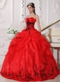 Beautiful Red and Black Quinceanera Dress Strapless Floor-length Organza Appliques Ball Gown