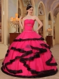 Gorgeous Coral Red and Black Quinceanera Dress Strapless Organza Appliques Ball Gown