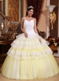 Gorgeous Yellow and White Quinceanera Dress Spaghetti Straps Organza Lace Appliques Ball Gown